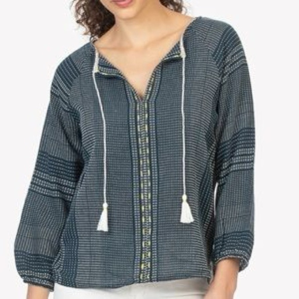 Lilla P Anthropologie Navy Blue Tassle Blouse 100% Cotton